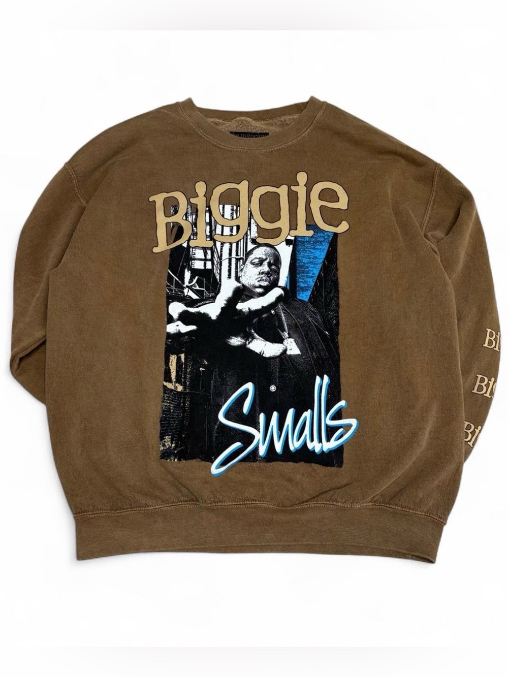 Vintage Biggie Smalls Hip Hop Rap Brown Crewneck Sweatshirt with Sleeve Print